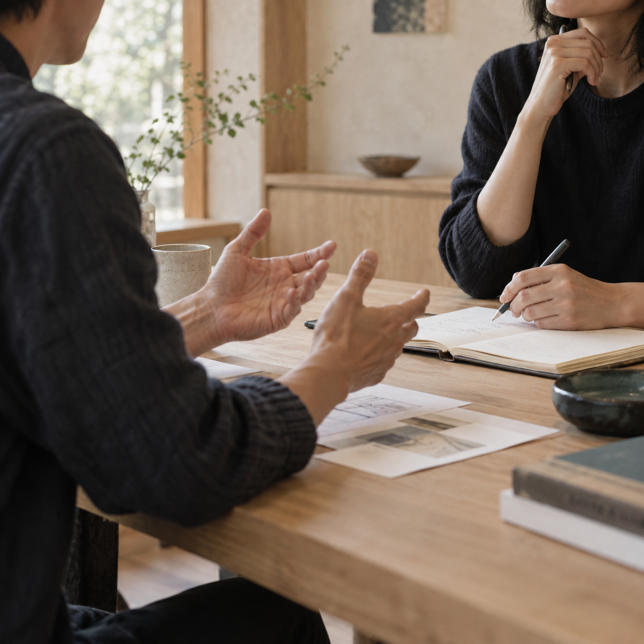 仕事の流れについて話を聞き、ノートに記録する様子